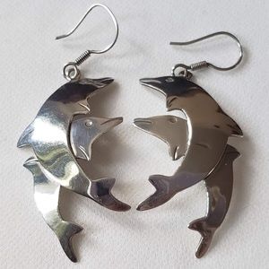 Vtg Sterling Taxco TC-259 Dolphins Dangle Earrings
